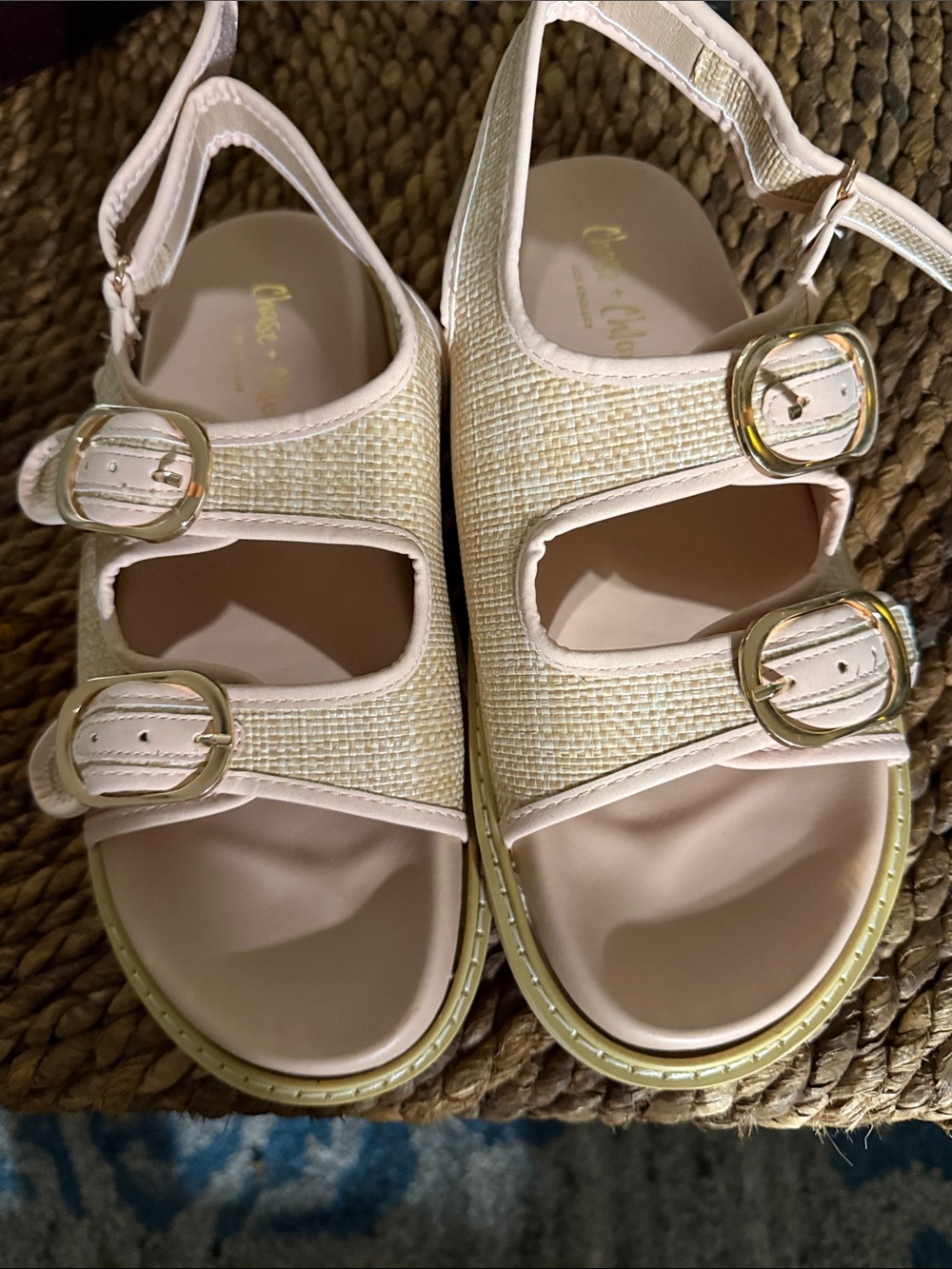 Chase + Chloe Cream and Pale Pink Woven Buckle Sandals